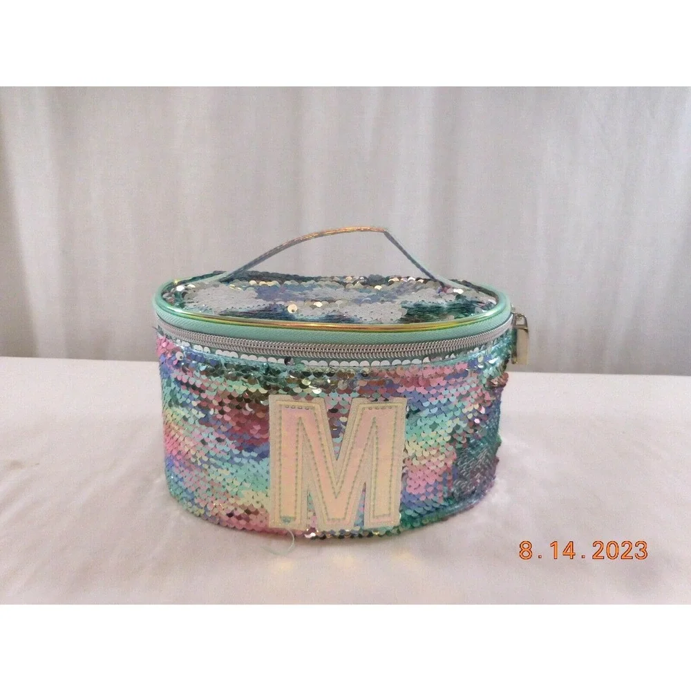 Girl's Justice Gold Flip Sequin Initial M Train Case Jewelry Makeup Case‎ Bag